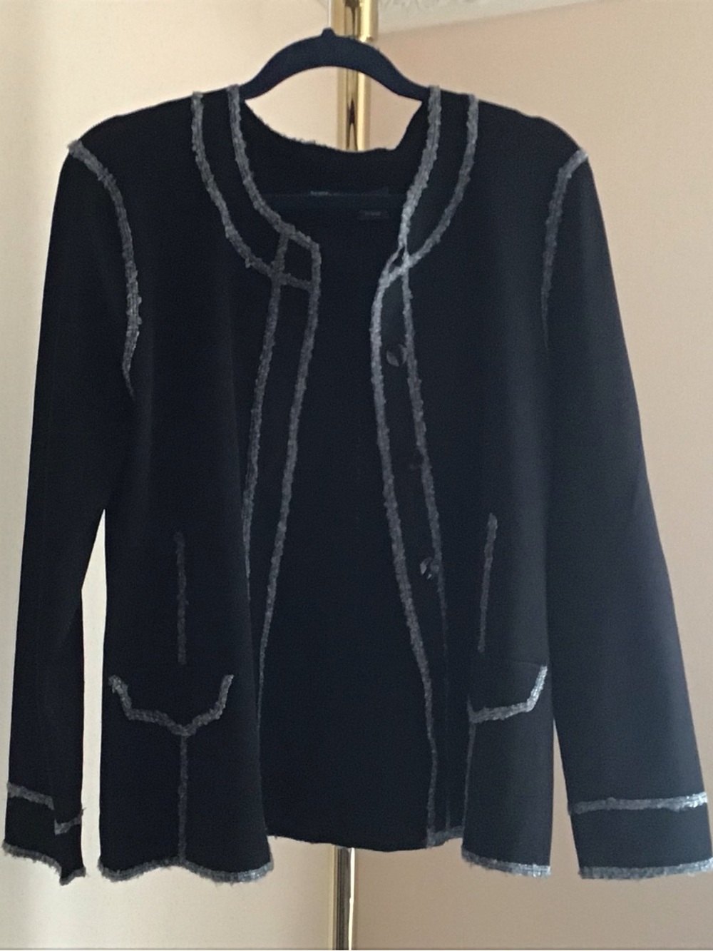 Black Women's Knit Cardigan with Gray Contrast Trim 2 Piece Set